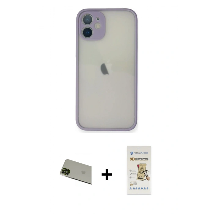 MARSİLYAN™- iPhone 11 Pro Max Kılıf Ahenk Çizgi Serisi - Siyah Mat Seramik Nano Ekran Koruyucu + Rainbow Kamera Lens Koruma Cam - YL