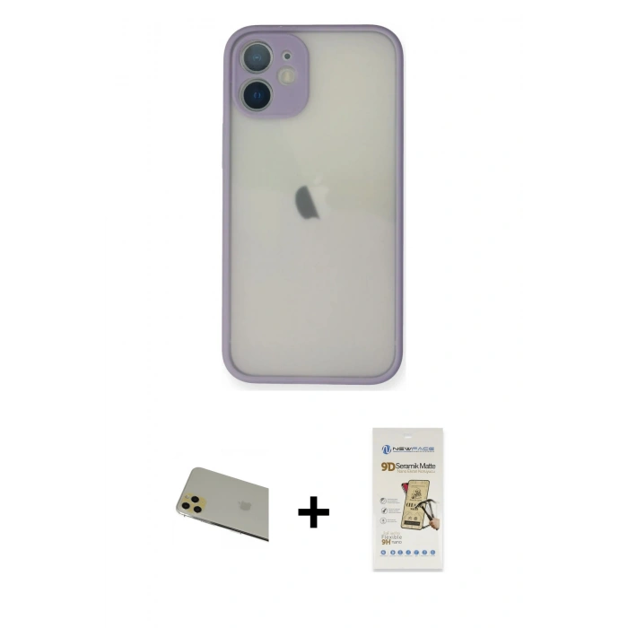 MARSİLYAN™- iPhone 11 Pro Max Kılıf Ahenk Çizgi Serisi - Siyah Mat Seramik Nano Ekran Koruyucu + Rainbow Kamera Lens Koruma Cam - GD
