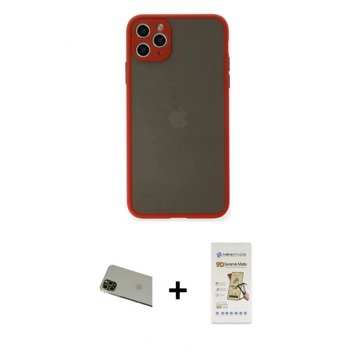 MARSİLYAN™- iPhone 11 Pro Max Kılıf Ahenk Çizgi Serisi - Siyah Mat Seramik Nano Ekran Koruyucu + Rainbow Kamera Lens Koruma Cam - YL