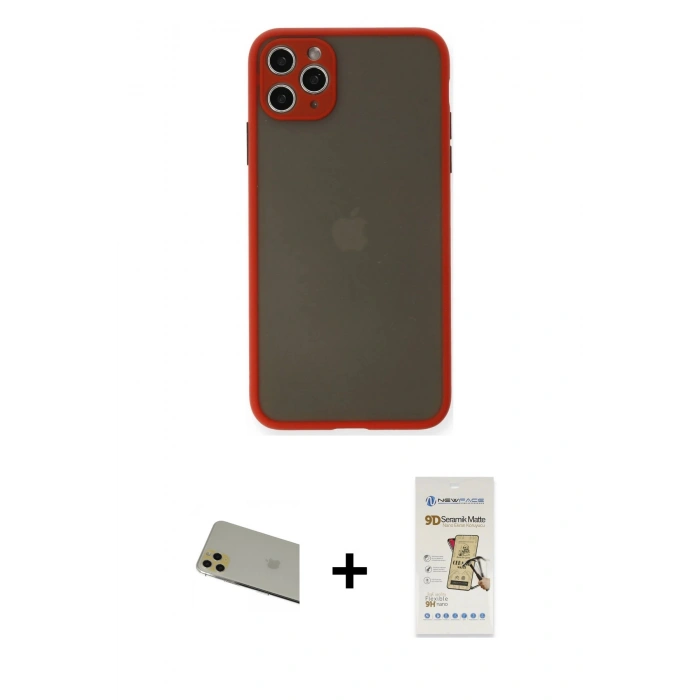 MARSİLYAN™- iPhone 11 Pro Max Kılıf Ahenk Çizgi Serisi - Siyah Mat Seramik Nano Ekran Koruyucu + Rainbow Kamera Lens Koruma Cam - GD