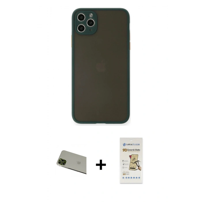 MARSİLYAN™- iPhone 11 Pro Max Kılıf Ahenk Çizgi Serisi - Siyah Mat Seramik Nano Ekran Koruyucu + Rainbow Kamera Lens Koruma Cam - YL