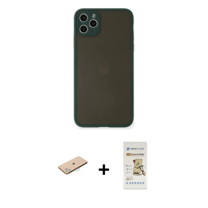 MARSİLYAN™- iPhone 11 Pro Max Kılıf Ahenk Çizgi Serisi - Siyah Mat Seramik Nano Ekran Koruyucu + Renkli Kamera Lens Koruma Cam - MI
