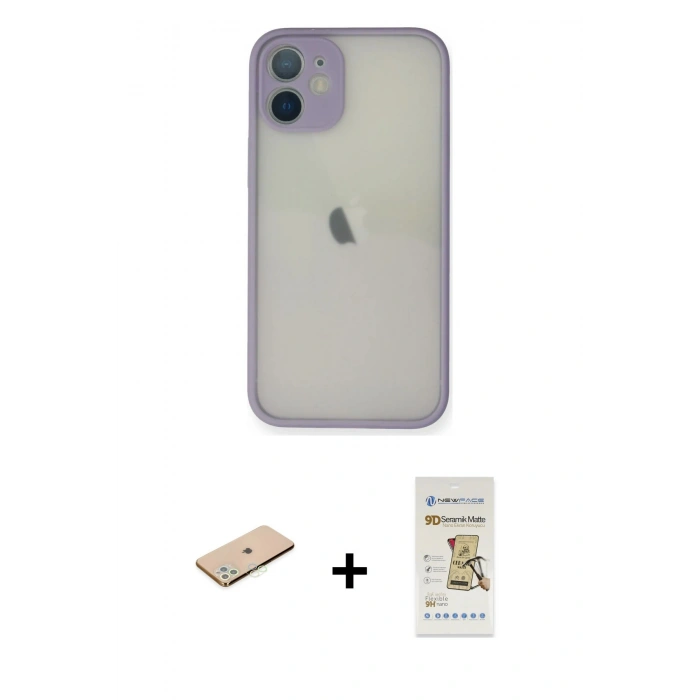 MARSİLYAN™- iPhone 11 Pro Max Kılıf Ahenk Çizgi Serisi - Siyah Mat Seramik Nano Ekran Koruyucu + Renkli Kamera Lens Koruma Cam - YL