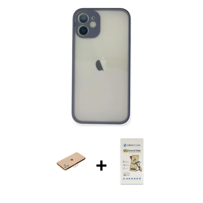 MARSİLYAN™- iPhone 11 Pro Max Kılıf Ahenk Çizgi Serisi - Siyah Mat Seramik Nano Ekran Koruyucu + Renkli Kamera Lens Koruma Cam - PE