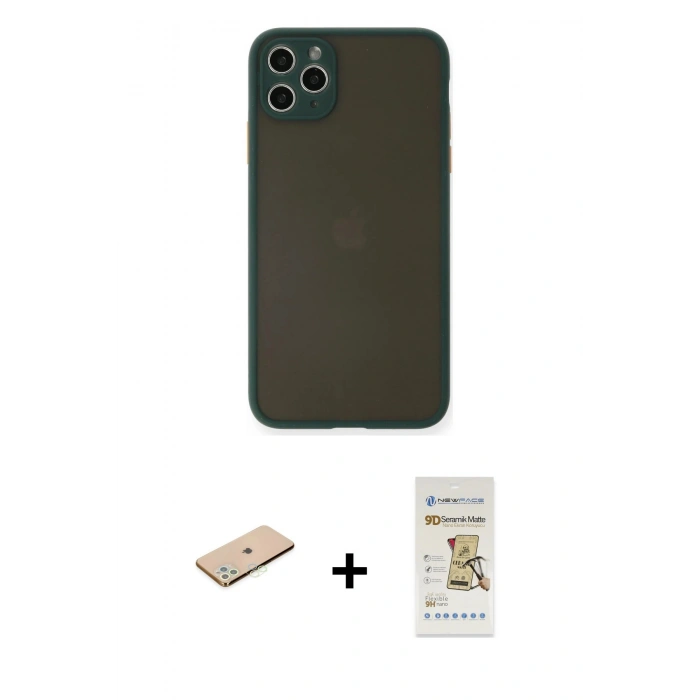 MARSİLYAN™- iPhone 11 Pro Max Kılıf Ahenk Çizgi Serisi - Siyah Mat Seramik Nano Ekran Koruyucu + Renkli Kamera Lens Koruma Cam - YL