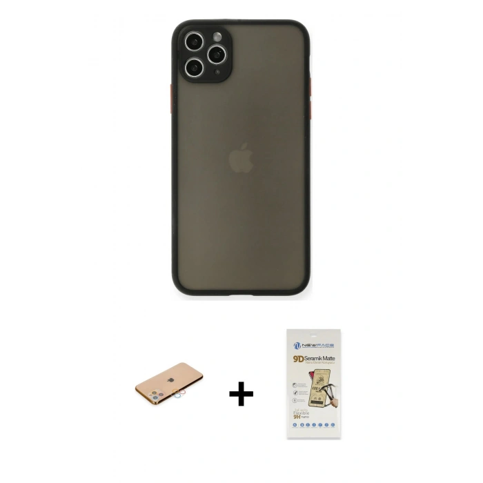 MARSİLYAN™- iPhone 11 Pro Max Kılıf Ahenk Çizgi Serisi - Siyah Mat Seramik Nano Ekran Koruyucu + Renkli Kamera Lens Koruma Cam - PE
