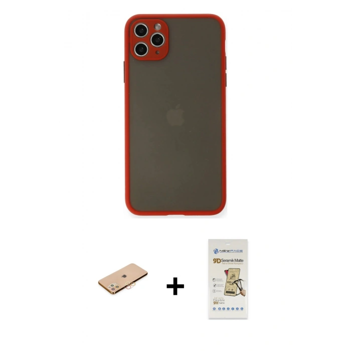 MARSİLYAN™- iPhone 11 Pro Max Kılıf Ahenk Çizgi Serisi - Siyah Mat Seramik Nano Ekran Koruyucu + Renkli Kamera Lens Koruma Cam - TU