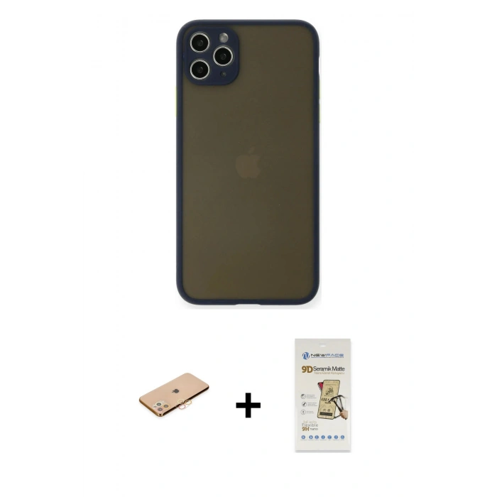 MARSİLYAN™- iPhone 11 Pro Max Kılıf Ahenk Çizgi Serisi - Siyah Mat Seramik Nano Ekran Koruyucu + Renkli Kamera Lens Koruma Cam - TU