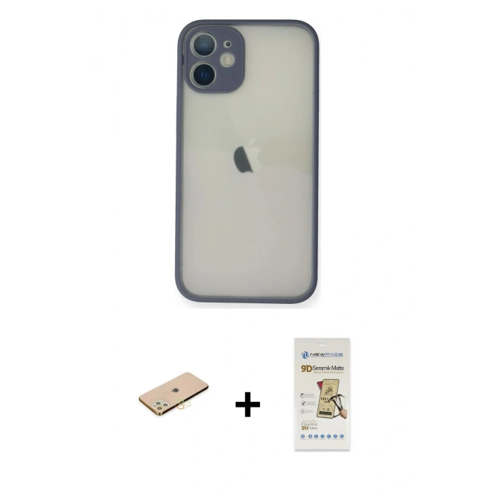 MARSİLYAN™- iPhone 11 Pro Max Kılıf Ahenk Çizgi Serisi - Siyah Mat Seramik Nano Ekran Koruyucu + Renkli Kamera Lens Koruma Cam - SI