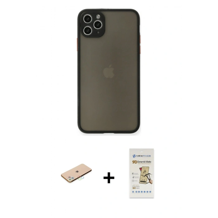 MARSİLYAN™- iPhone 11 Pro Max Kılıf Ahenk Çizgi Serisi - Siyah Mat Seramik Nano Ekran Koruyucu + Renkli Kamera Lens Koruma Cam - MI