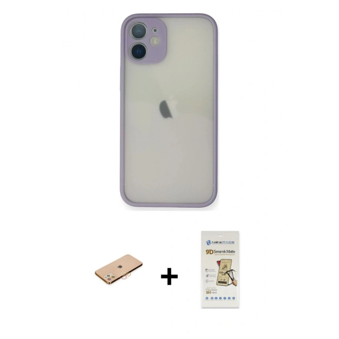 MARSİLYAN™- iPhone 11 Pro Max Kılıf Ahenk Çizgi Serisi - Siyah Mat Seramik Nano Ekran Koruyucu + Renkli Kamera Lens Koruma Cam - TU
