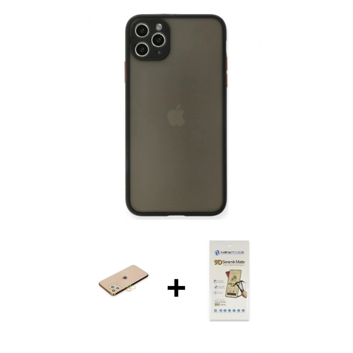 MARSİLYAN™- iPhone 11 Pro Max Kılıf Ahenk Çizgi Serisi - Siyah Mat Seramik Nano Ekran Koruyucu + Renkli Kamera Lens Koruma Cam - SI
