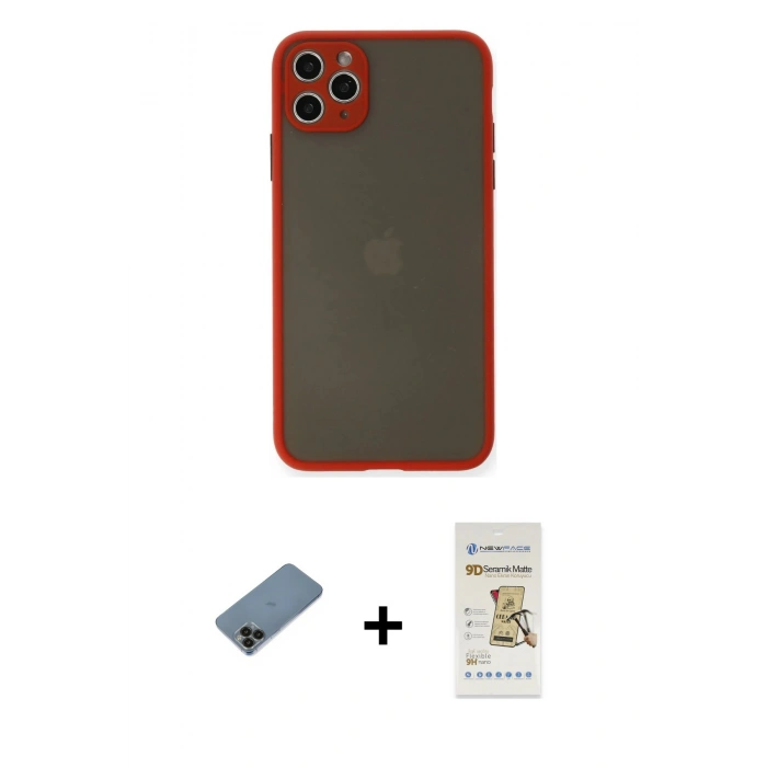MARSİLYAN™- iPhone 11 Pro Max Kılıf Ahenk Çizgi Serisi - Siyah Mat Seramik Nano Ekran Koruyucu + Siyah Shine Kamera Lens Koruma Cam
