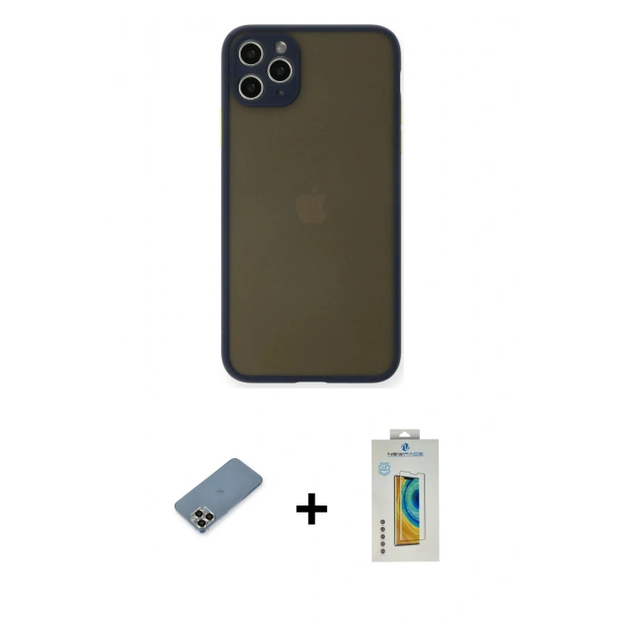 MARSİLYAN™- iPhone 11 Pro Max Kılıf Ahenk Çizgi Serisi - Siyah Polymer Nano Ekran Koruyucu + Metal Kamera Lens Koruma Cam - GD