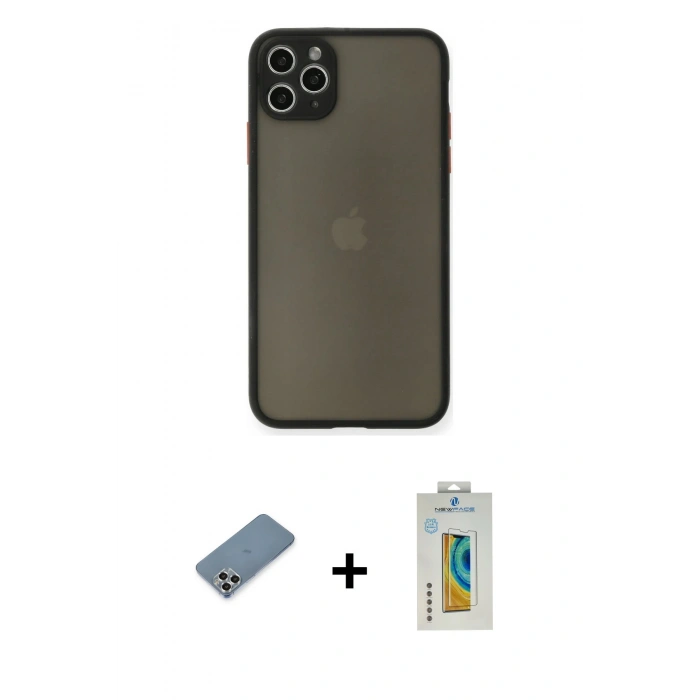 MARSİLYAN™- iPhone 11 Pro Max Kılıf Ahenk Çizgi Serisi - Siyah Polymer Nano Ekran Koruyucu + Metal Kamera Lens Koruma Cam - GS