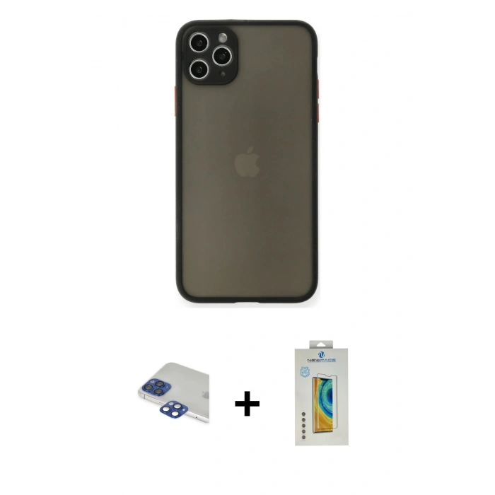MARSİLYAN™- iPhone 11 Pro Max Kılıf Ahenk Çizgi Serisi - Siyah Polymer Nano Ekran Koruyucu + Pers Alüminyum Kamera Lens - LT