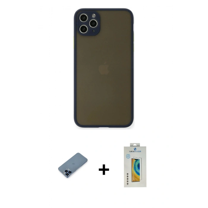 MARSİLYAN™- iPhone 11 Pro Max Kılıf Ahenk Çizgi Serisi - Siyah Polymer Nano Ekran Koruyucu + Metal Kamera Lens Koruma Cam - MI
