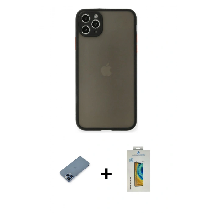 MARSİLYAN™- iPhone 11 Pro Max Kılıf Ahenk Çizgi Serisi - Siyah Polymer Nano Ekran Koruyucu + Metal Kamera Lens Koruma Cam - MI
