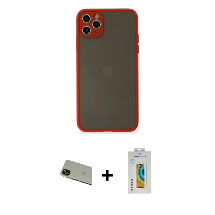 MARSİLYAN™- iPhone 11 Pro Max Kılıf Ahenk Çizgi Serisi - Siyah Polymer Nano Ekran Koruyucu + Rainbow Kamera Lens Koruma Cam - YL
