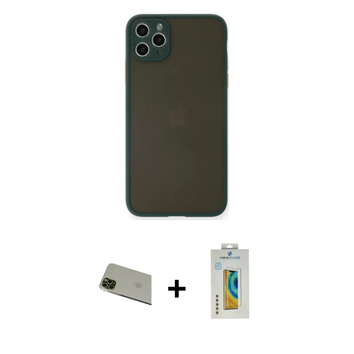 MARSİLYAN™- iPhone 11 Pro Max Kılıf Ahenk Çizgi Serisi - Siyah Polymer Nano Ekran Koruyucu + Rainbow Kamera Lens Koruma Cam - YL