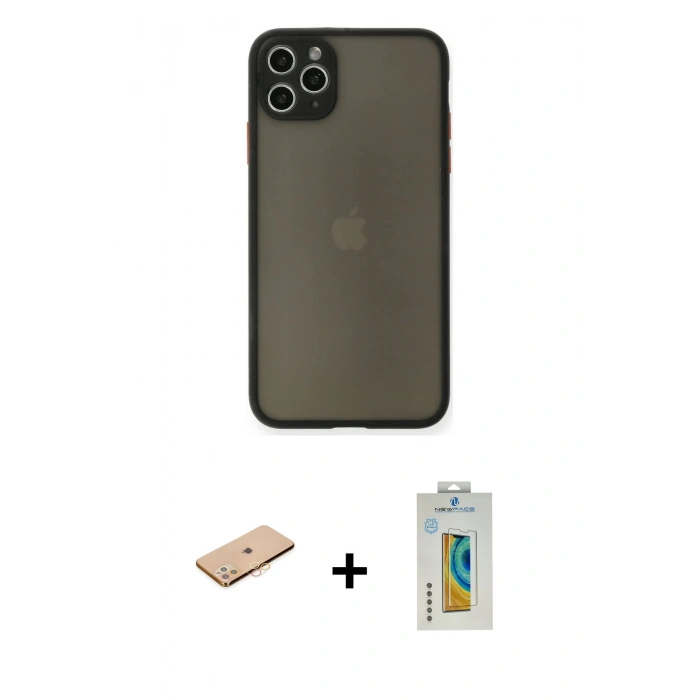 MARSİLYAN™- iPhone 11 Pro Max Kılıf Ahenk Çizgi Serisi - Siyah Polymer Nano Ekran Koruyucu + Renkli Kamera Lens Koruma Cam - TU