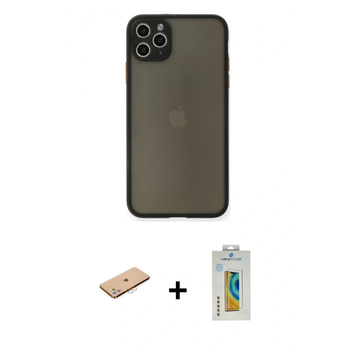 MARSİLYAN™- iPhone 11 Pro Max Kılıf Ahenk Çizgi Serisi - Siyah Polymer Nano Ekran Koruyucu + Renkli Kamera Lens Koruma Cam - PE