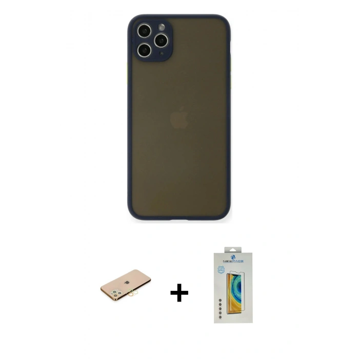 MARSİLYAN™- iPhone 11 Pro Max Kılıf Ahenk Çizgi Serisi - Siyah Polymer Nano Ekran Koruyucu + Sarı Renkli Kamera Lens Koruma Cam