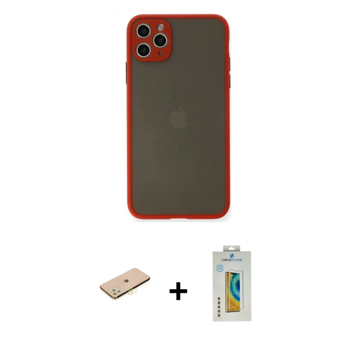 MARSİLYAN™- iPhone 11 Pro Max Kılıf Ahenk Çizgi Serisi - Siyah Polymer Nano Ekran Koruyucu + Sarı Renkli Kamera Lens Koruma Cam