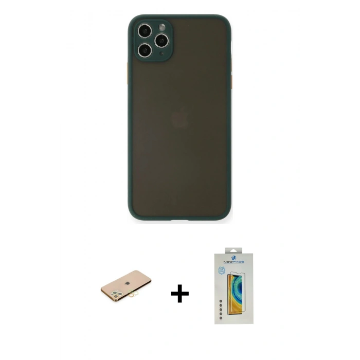 MARSİLYAN™- iPhone 11 Pro Max Kılıf Ahenk Çizgi Serisi - Siyah Polymer Nano Ekran Koruyucu + Sarı Renkli Kamera Lens Koruma Cam