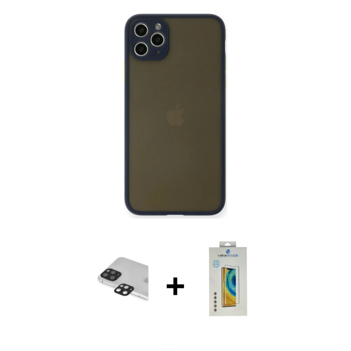MARSİLYAN™- iPhone 11 Pro Max Kılıf Ahenk Çizgi Serisi - Siyah Polymer Nano Ekran Koruyucu + Siyah Pers Alüminyum Kamera Lens