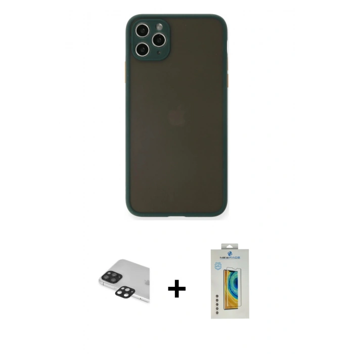 MARSİLYAN™- iPhone 11 Pro Max Kılıf Ahenk Çizgi Serisi - Siyah Polymer Nano Ekran Koruyucu + Siyah Pers Alüminyum Kamera Lens