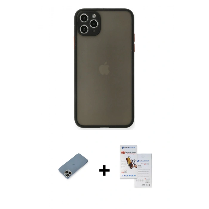 MARSİLYAN™- iPhone 11 Pro Max Kılıf Ahenk Çizgi Serisi - Siyah Seramik Nano Ekran Koruyucu + Metal Kamera Lens Koruma Cam - GD
