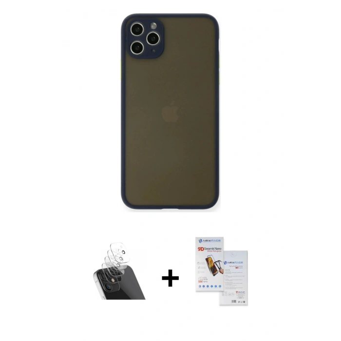 MARSİLYAN™- iPhone 11 Pro Max Kılıf Ahenk Çizgi Serisi - Siyah Seramik Nano Ekran Koruyucu + Kamera Lens Koruma Cam - SF