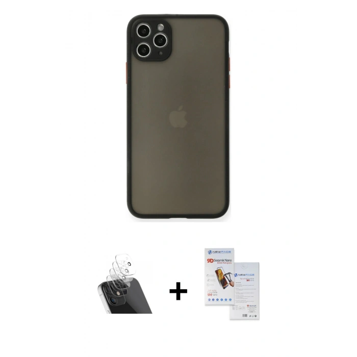 MARSİLYAN™- iPhone 11 Pro Max Kılıf Ahenk Çizgi Serisi - Siyah Seramik Nano Ekran Koruyucu + Kamera Lens Koruma Cam - SF