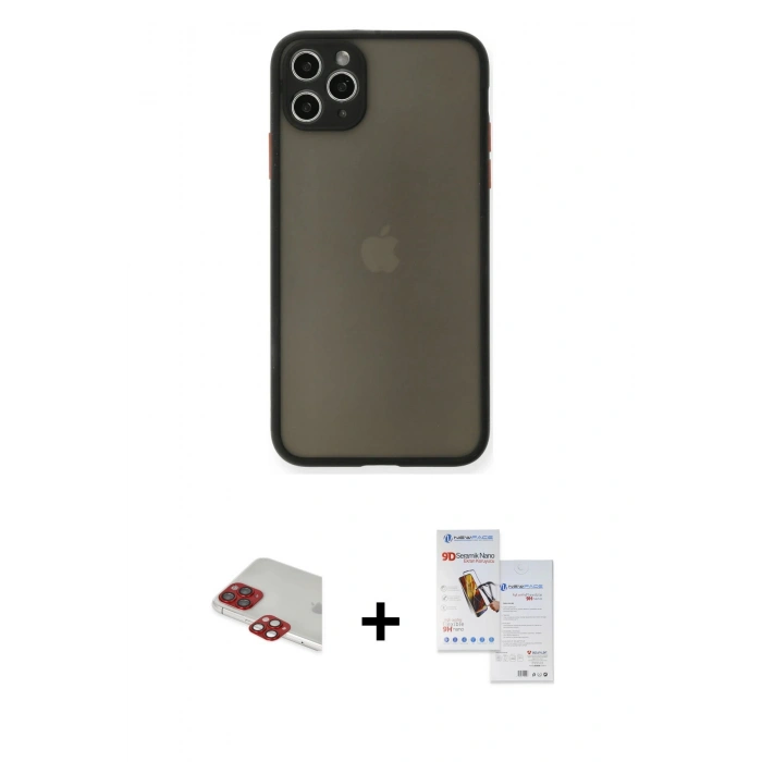 MARSİLYAN™- iPhone 11 Pro Max Kılıf Ahenk Çizgi Serisi - Siyah Seramik Nano Ekran Koruyucu + Pers Alüminyum Kamera Lens - KI