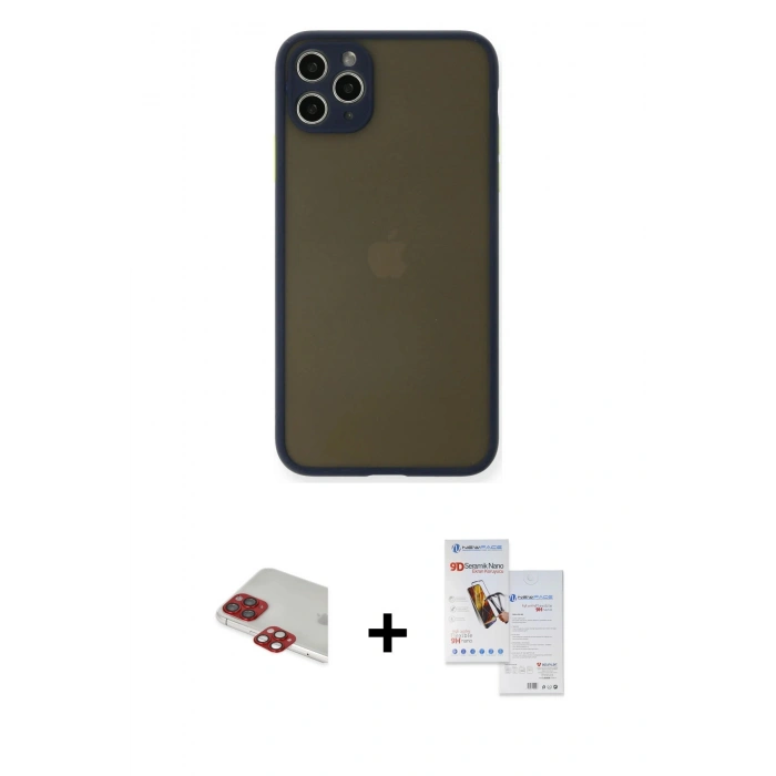 MARSİLYAN™- iPhone 11 Pro Max Kılıf Ahenk Çizgi Serisi - Siyah Seramik Nano Ekran Koruyucu + Pers Alüminyum Kamera Lens - KI