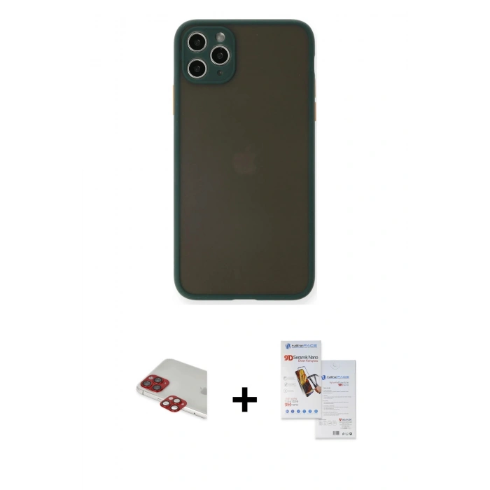 MARSİLYAN™- iPhone 11 Pro Max Kılıf Ahenk Çizgi Serisi - Siyah Seramik Nano Ekran Koruyucu + Pers Alüminyum Kamera Lens - KI