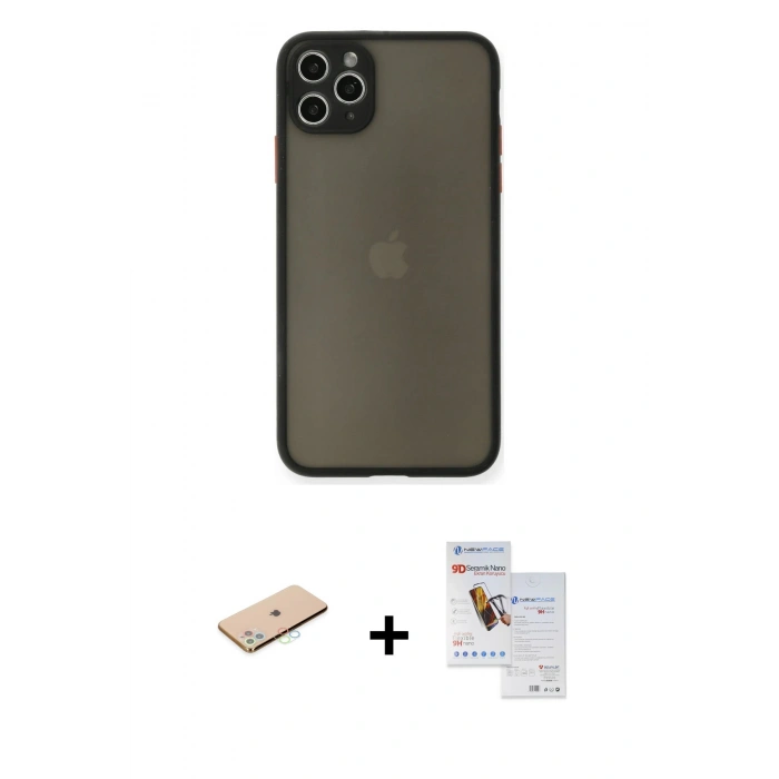 MARSİLYAN™- iPhone 11 Pro Max Kılıf Ahenk Çizgi Serisi - Siyah Seramik Nano Ekran Koruyucu + Renkli Kamera Lens Koruma Cam - MI