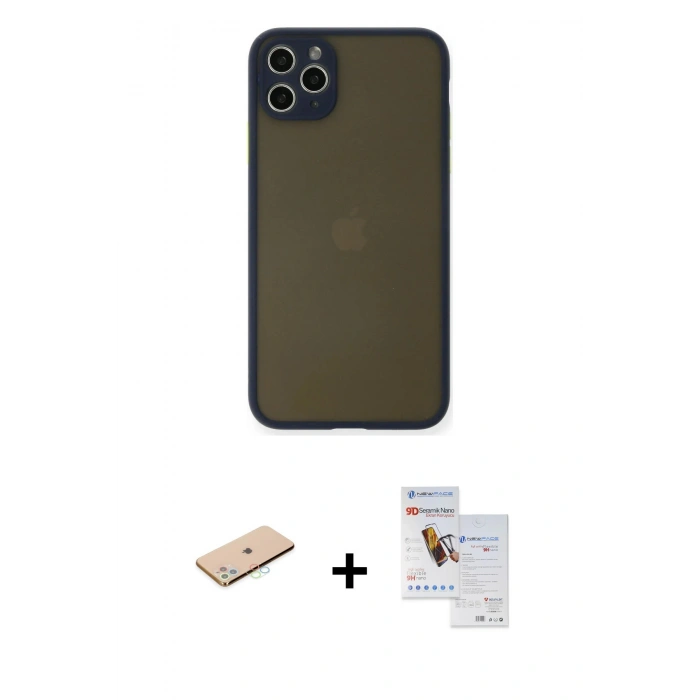 MARSİLYAN™- iPhone 11 Pro Max Kılıf Ahenk Çizgi Serisi - Siyah Seramik Nano Ekran Koruyucu + Renkli Kamera Lens Koruma Cam - MI