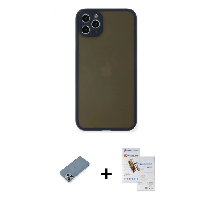MARSİLYAN™- iPhone 11 Pro Max Kılıf Ahenk Çizgi Serisi - Siyah Seramik Nano Ekran Koruyucu + Metal Kamera Lens Koruma Cam - GS
