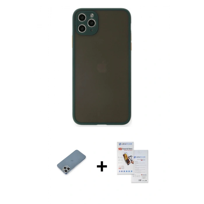 MARSİLYAN™- iPhone 11 Pro Max Kılıf Ahenk Çizgi Serisi - Siyah Seramik Nano Ekran Koruyucu + Metal Kamera Lens Koruma Cam - GS