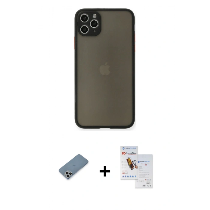 MARSİLYAN™- iPhone 11 Pro Max Kılıf Ahenk Çizgi Serisi - Siyah Seramik Nano Ekran Koruyucu + Metal Kamera Lens Koruma Cam - GS