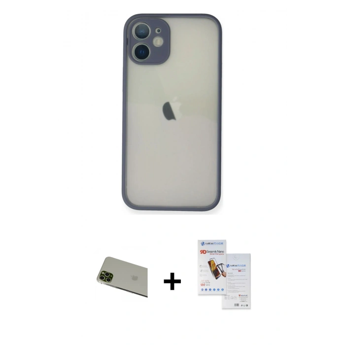 MARSİLYAN™- iPhone 11 Pro Max Kılıf Ahenk Çizgi Serisi - Siyah Seramik Nano Ekran Koruyucu + Rainbow Kamera Lens Koruma Cam - YL