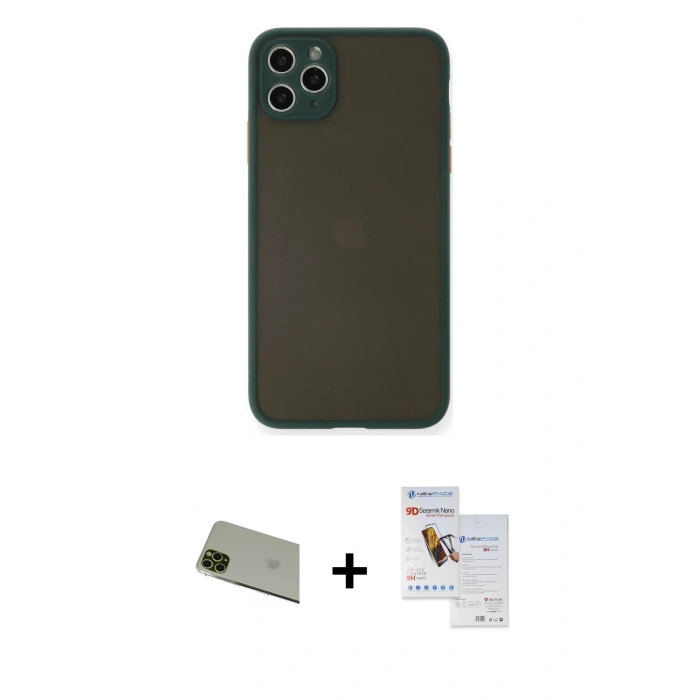 MARSİLYAN™- iPhone 11 Pro Max Kılıf Ahenk Çizgi Serisi - Siyah Seramik Nano Ekran Koruyucu + Rainbow Kamera Lens Koruma Cam - YL