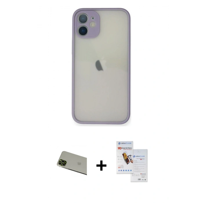 MARSİLYAN™- iPhone 11 Pro Max Kılıf Ahenk Çizgi Serisi - Siyah Seramik Nano Ekran Koruyucu + Rainbow Kamera Lens Koruma Cam - YL