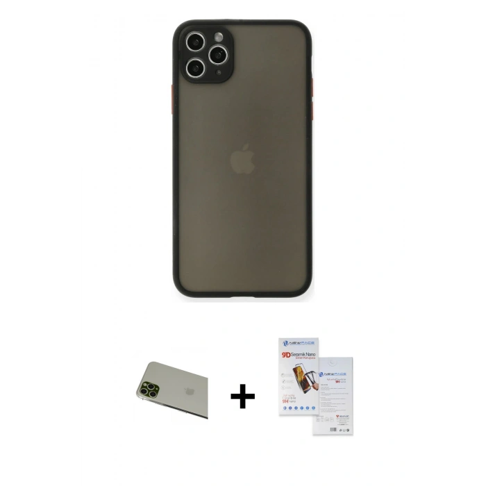 MARSİLYAN™- iPhone 11 Pro Max Kılıf Ahenk Çizgi Serisi - Siyah Seramik Nano Ekran Koruyucu + Rainbow Kamera Lens Koruma Cam - YL