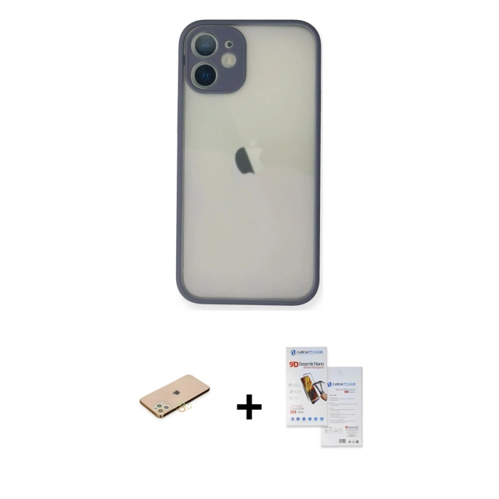 MARSİLYAN™- iPhone 11 Pro Max Kılıf Ahenk Çizgi Serisi - Siyah Seramik Nano Ekran Koruyucu + Renkli Kamera Lens Koruma Cam - SI