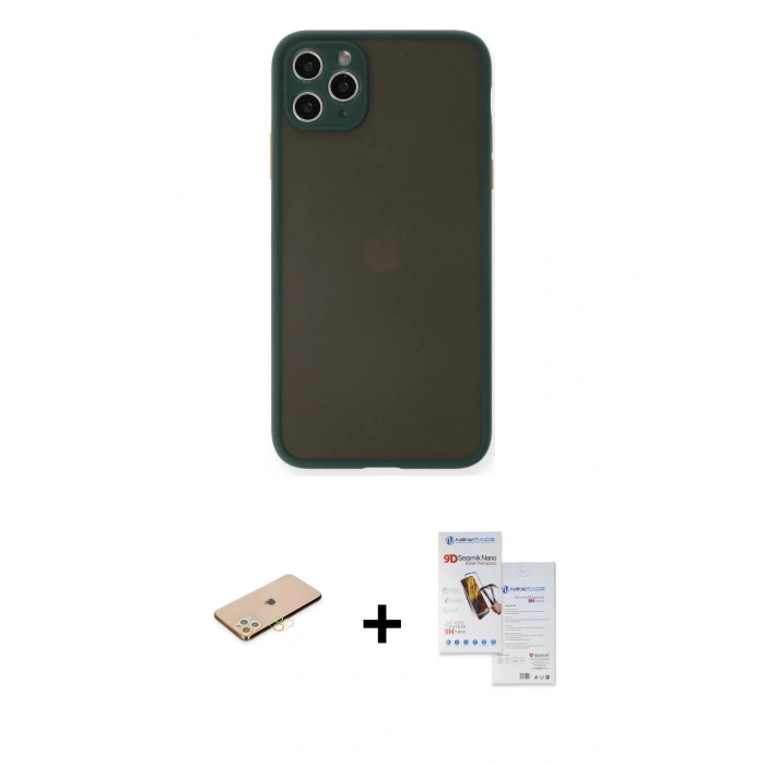 MARSİLYAN™- iPhone 11 Pro Max Kılıf Ahenk Çizgi Serisi - Siyah Seramik Nano Ekran Koruyucu + Renkli Kamera Lens Koruma Cam - SI