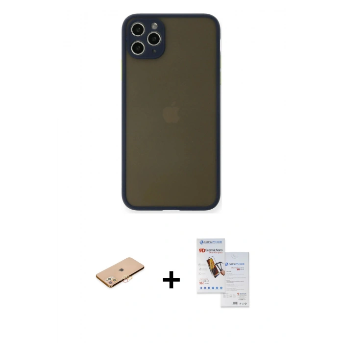 MARSİLYAN™- iPhone 11 Pro Max Kılıf Ahenk Çizgi Serisi - Siyah Seramik Nano Ekran Koruyucu + Renkli Kamera Lens Koruma Cam - TU