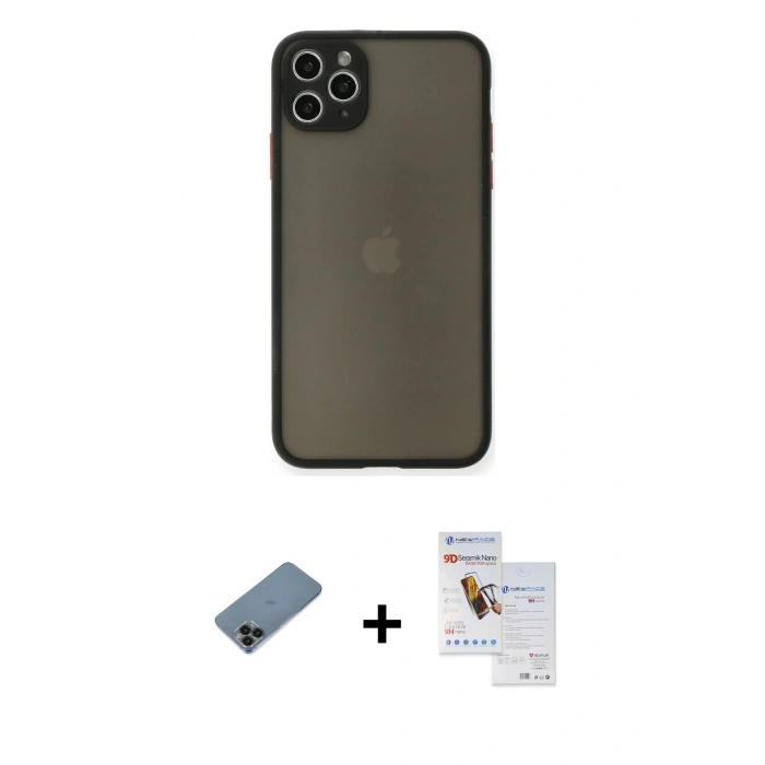 MARSİLYAN™- iPhone 11 Pro Max Kılıf Ahenk Çizgi Serisi - Siyah Seramik Nano Ekran Koruyucu + Shine Kamera Lens Koruma Cam - SH